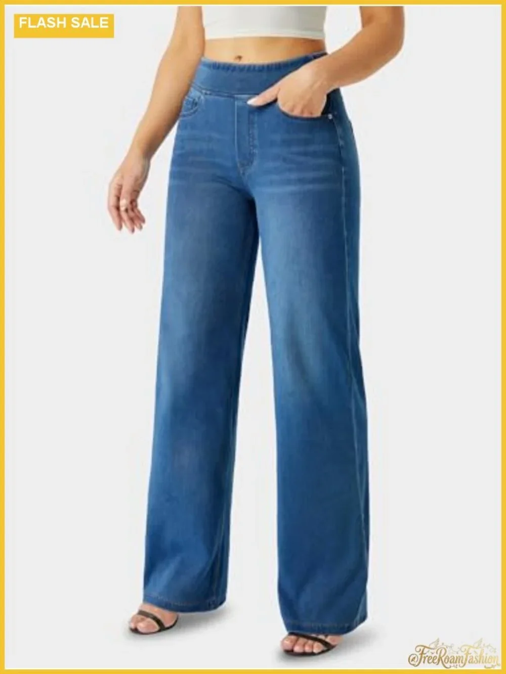High Waisted Wide Leg Jeans for Women Stretch Knit Denim Straight Leg Boyfriend